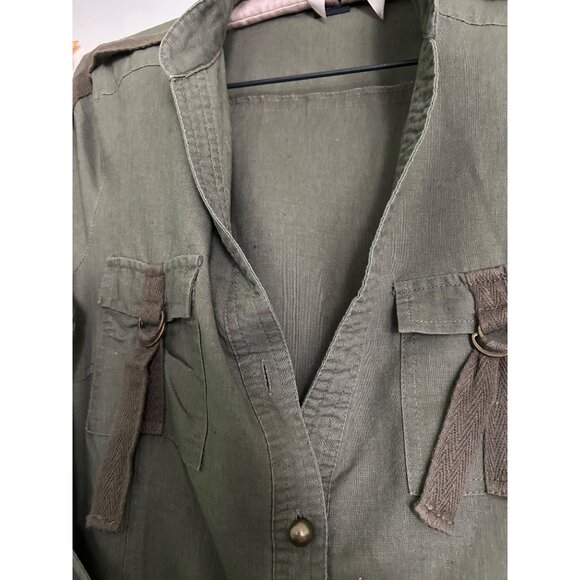 SPENSE Army Green Shirt Dress Sz 10 LINEN Blended Belted Pockets Vneck Short Sle - Picture 8 of 8